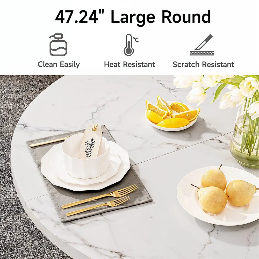 ONBRILL Round Dining Table for Four with Marble Pattern Base