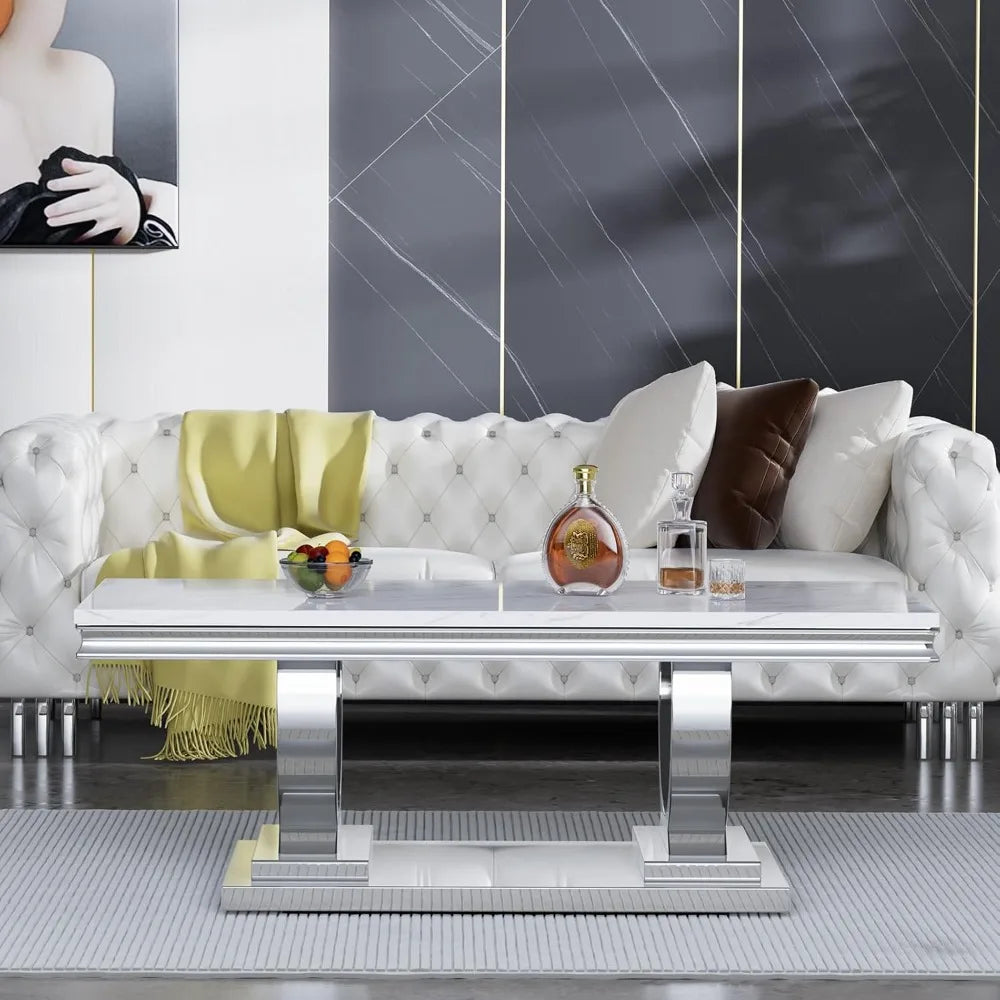 Modern Faux Marble Coffee Table With Silver Mirrored Finish