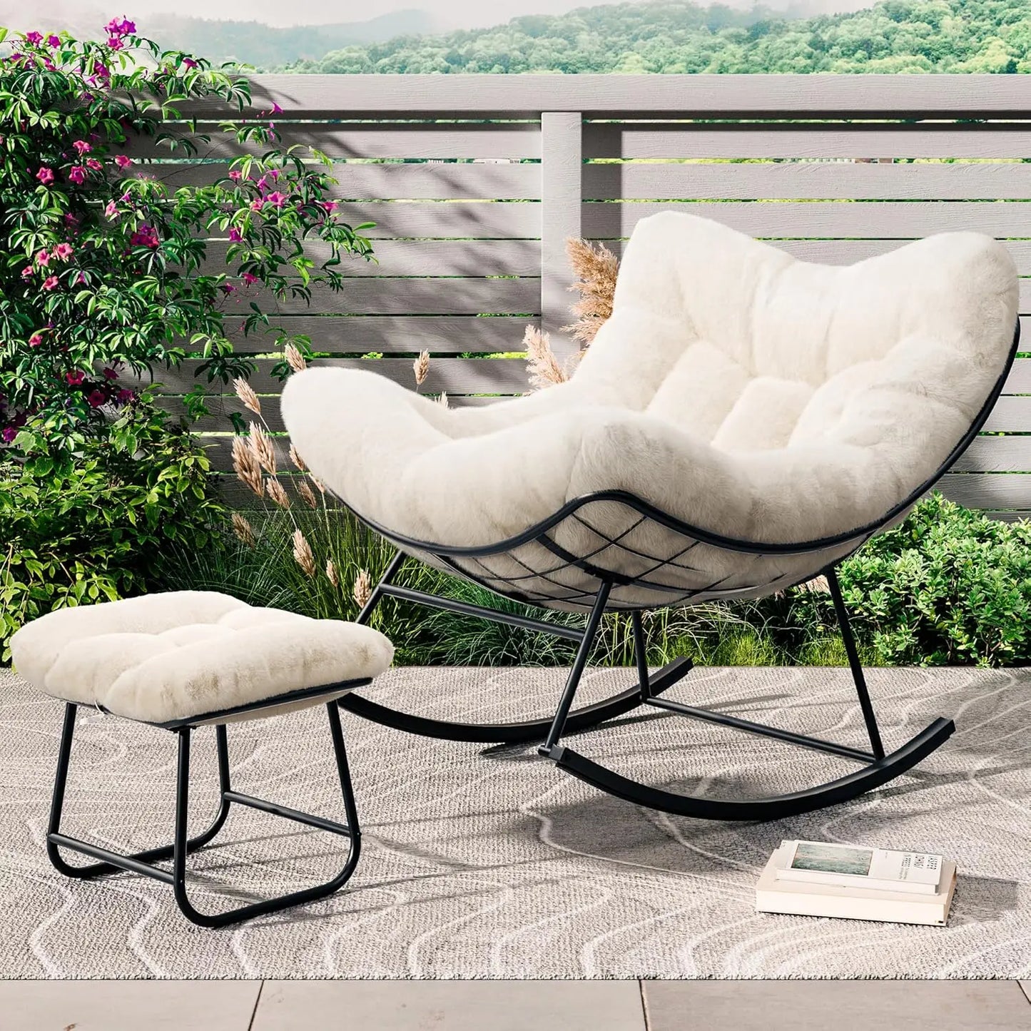 TWISTER.CK Outdoor Papasan Rocking Chair With Footrest