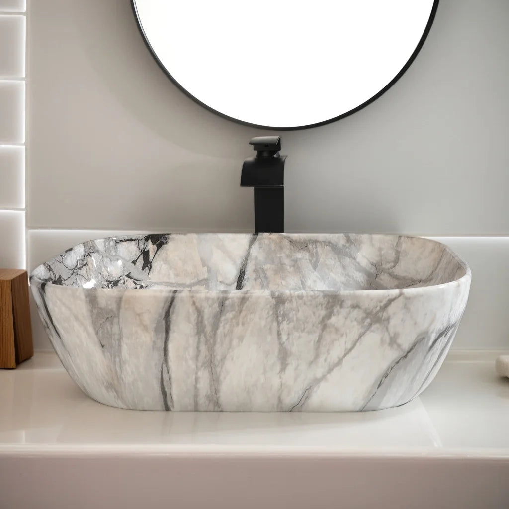 Torayvino Ceramic Vessel Sink Set With Marble Pattern Faucet