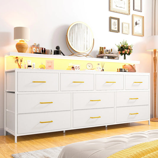 Smart Dresser With LED Lights, Power Outlets, Metal Frame, Fabric-Drawers