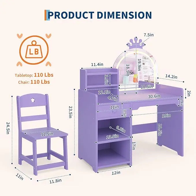 HiMISS Kids Vanity With Lights 2 In 1 Princess Makeup Desk Chair Open Bookshelf
