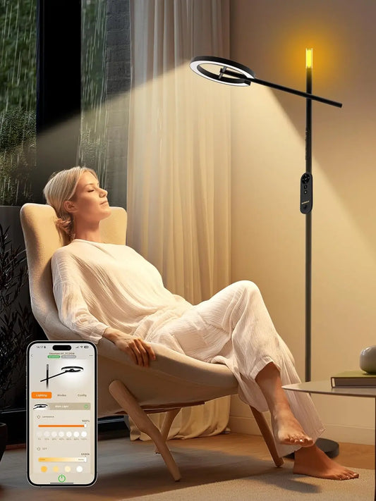 Smart Light Therapy Lamp, 10000 Lux UV-Free Sunlight, Dimmable Floor Lamp with App & Remote, Timer for Cozy Relaxation