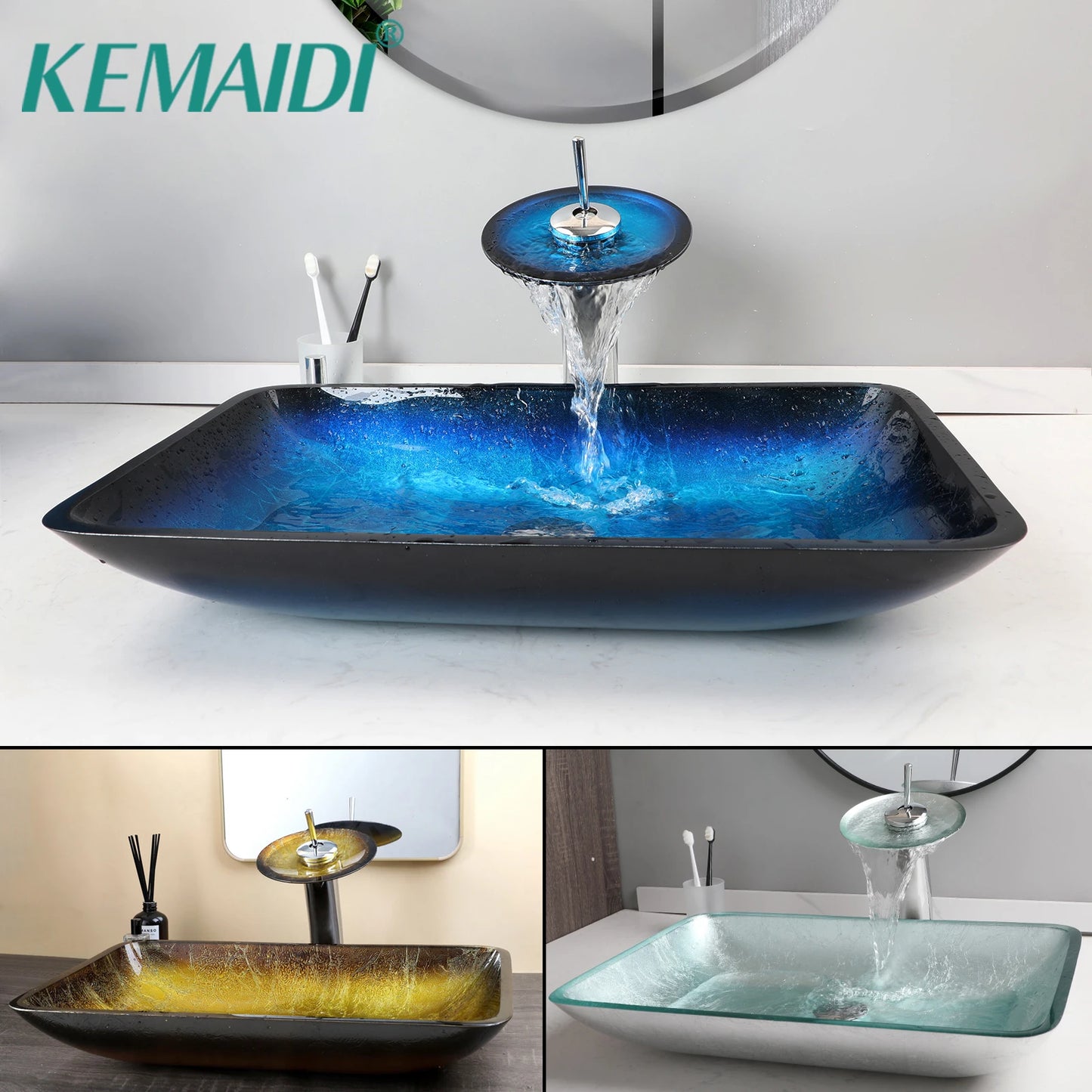 YANKSMART Tempered Glass Basin Sink With Faucet Set For Bathroom