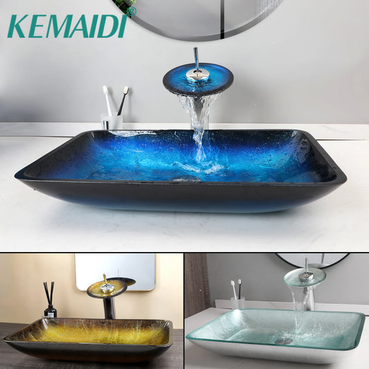 YANKSMART Tempered Glass Basin Sink With Faucet Set For Bathroom