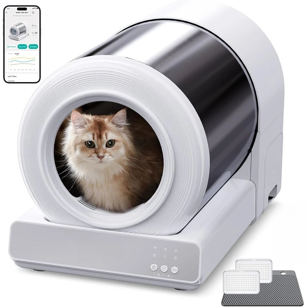 Smart Stainless Steel Cat Litter Box With App-Controlled Cleaning