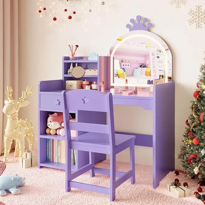 HiMISS Kids Vanity With Lights 2 In 1 Princess Makeup Desk Chair Open Bookshelf