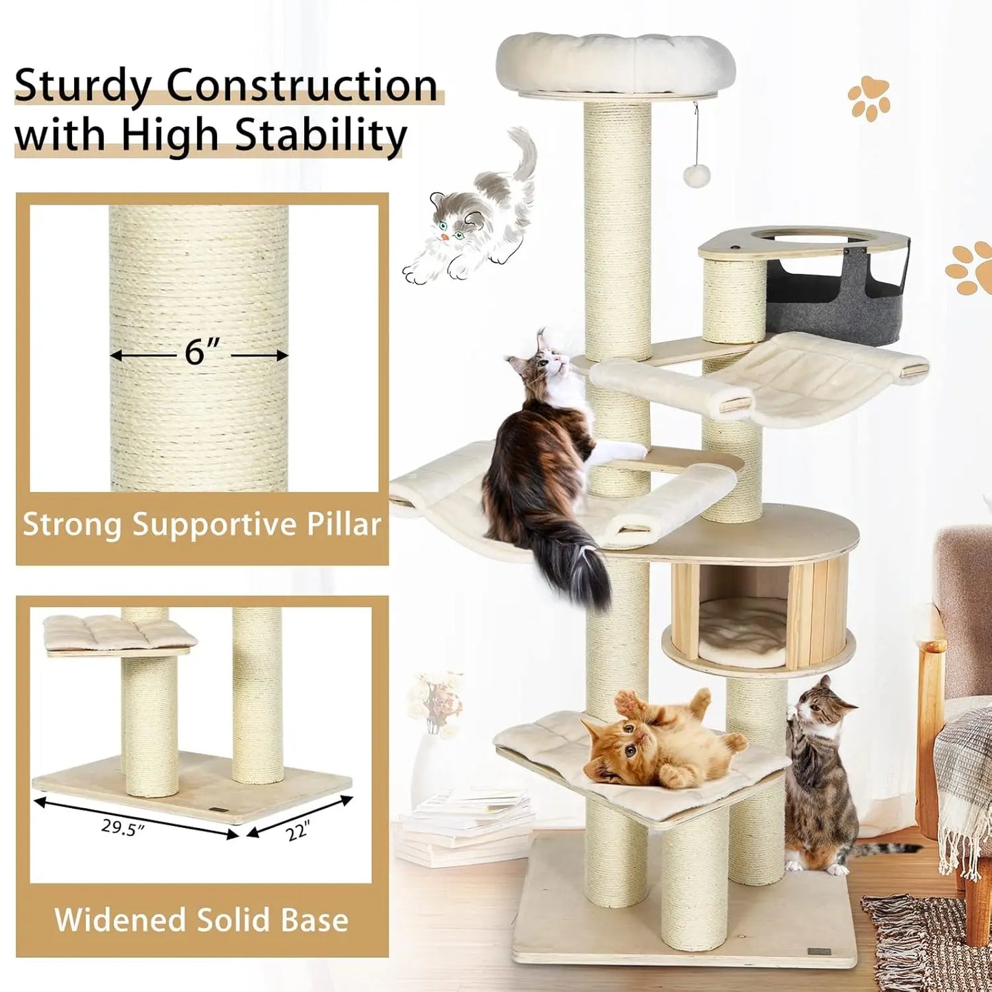 Cat Tree Multi-Level Tower With Sisal Scratching Posts Hammocks