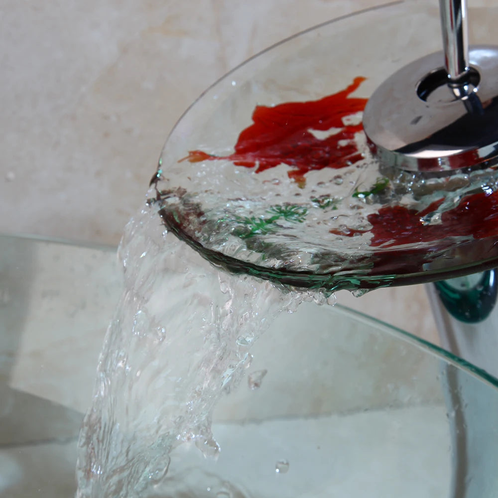 MEKKHALA Goldfish Pattern Tempered Glass Bathroom Basin Sink and Faucet
