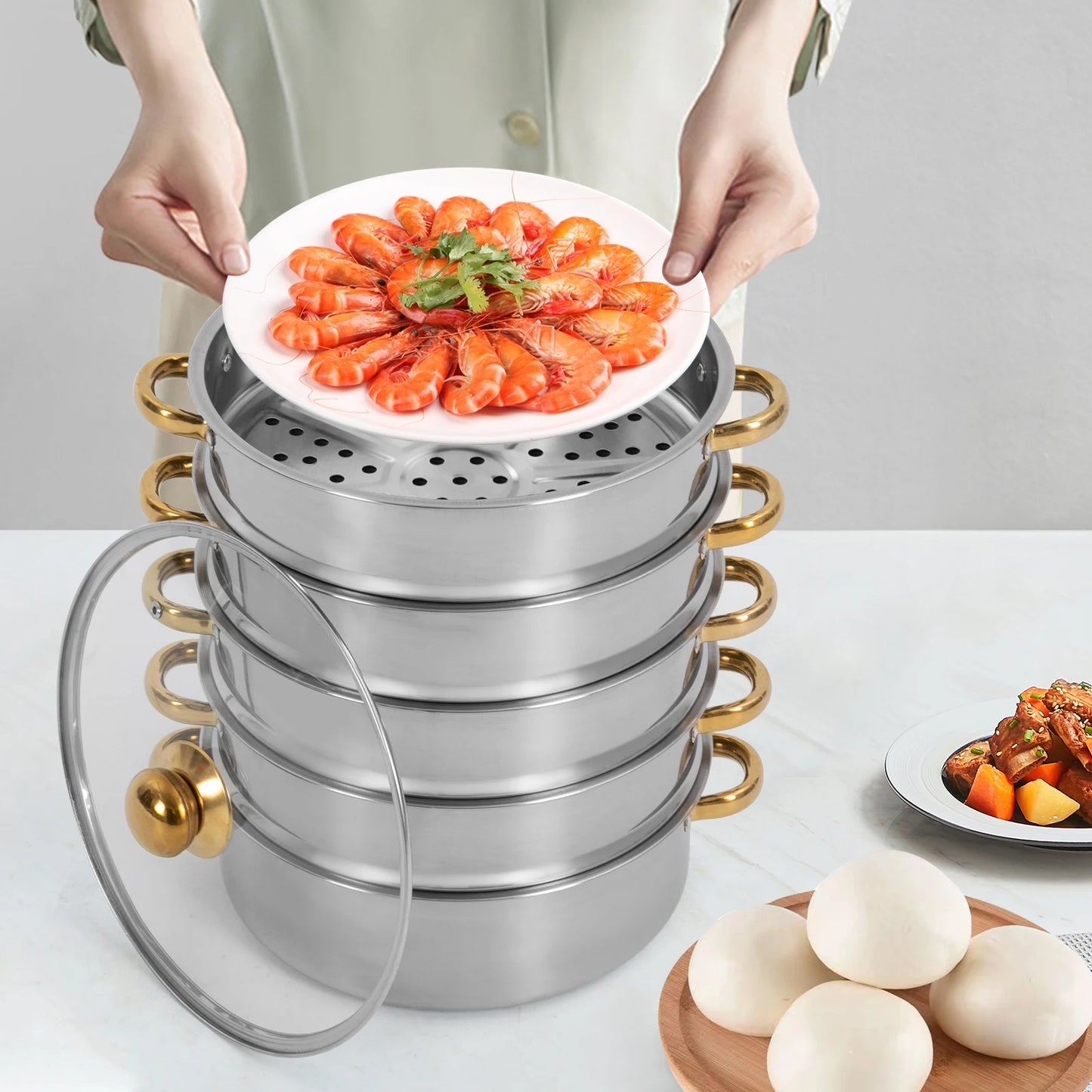 Stainless Steel 5 Tier Steamer Pot For Gas Induction Stoves