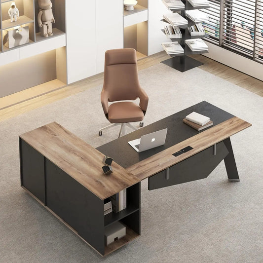 L-Shaped Executive Desk With File Cabinet Storage