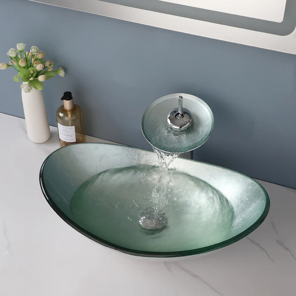 KEMAIDI Tempered Glass Bathroom Sink With Waterfall Faucet Countertop Basin