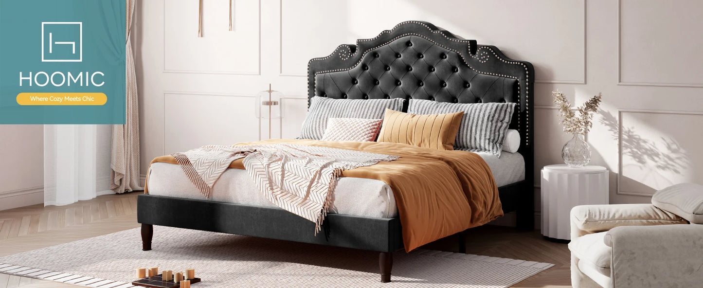 HOOMIC Velvet Bed Frame With Adjustable Tiara Headboard
