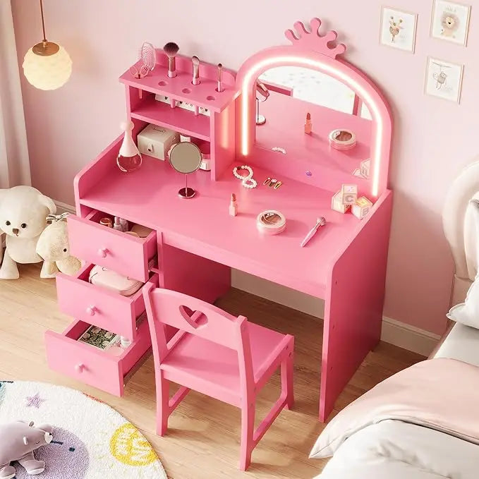 HiMISS Kids Vanity With Lights 2 In 1 Princess Makeup Desk Chair Open Bookshelf