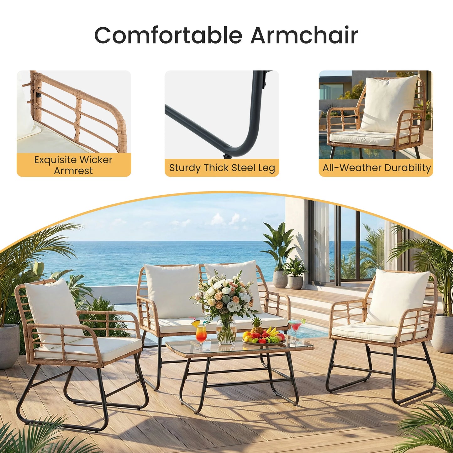 JHK Outdoor Wicker Patio Furniture Set Four Piece Glass Table