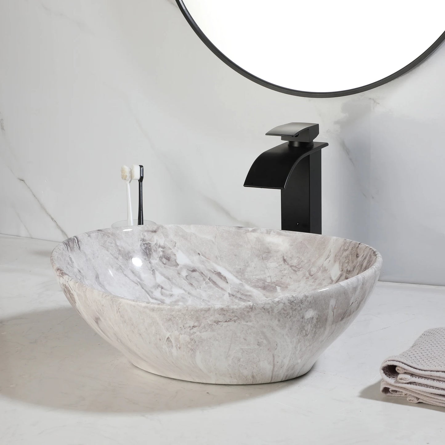 KEMAIDI Oval Vessel Sink With Faucet Marble Finish