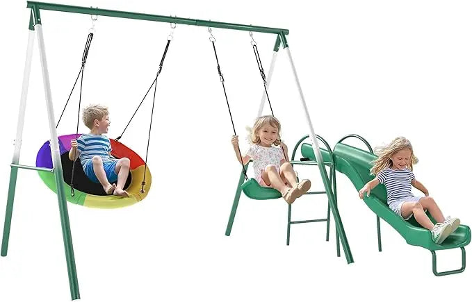 Backyard Swing Set With Saucer Swing And Sturdy Metal Frame