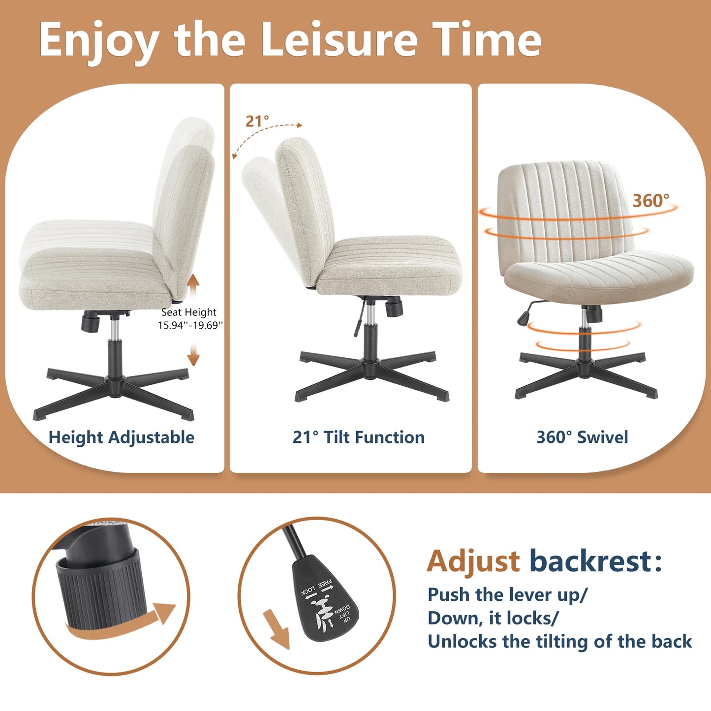 JHK Cross Legged Office Chair Rocking Swivel Armless Fabric Task Chair