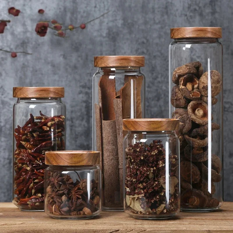 Glass Airtight Canister Set With Wood Lids For Kitchen