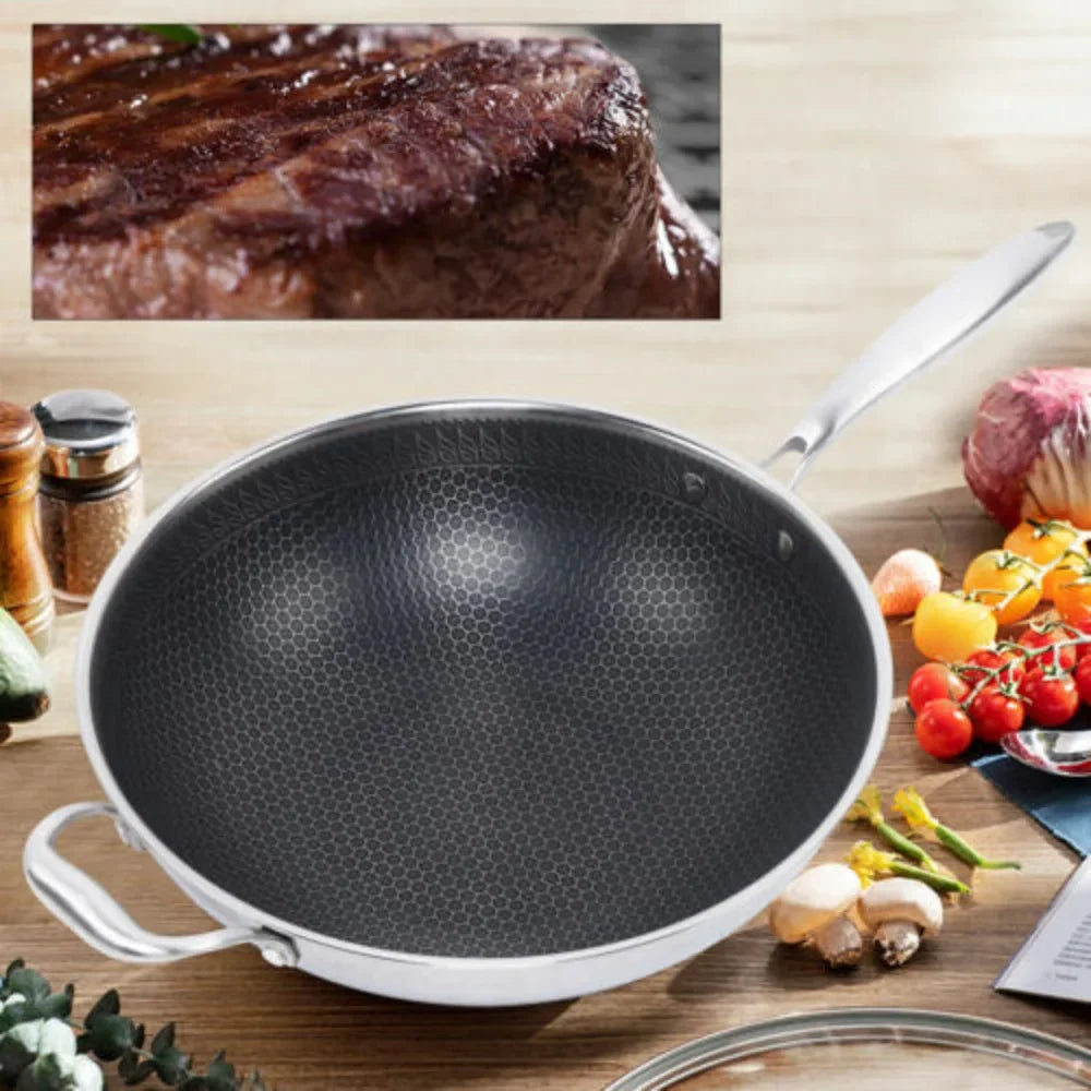 Stainless Steel Wok Pan With Glass Lid Non-Stick Coating