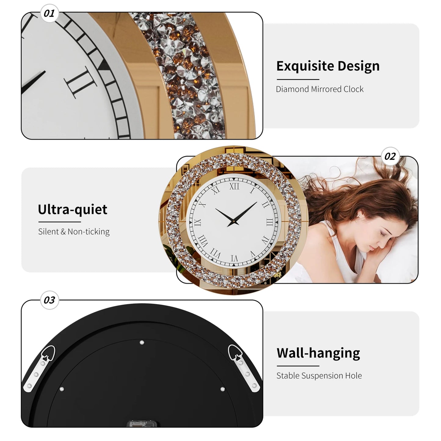 Bling Round Mirror Wall Clock Glam Sparkle Decor For Home