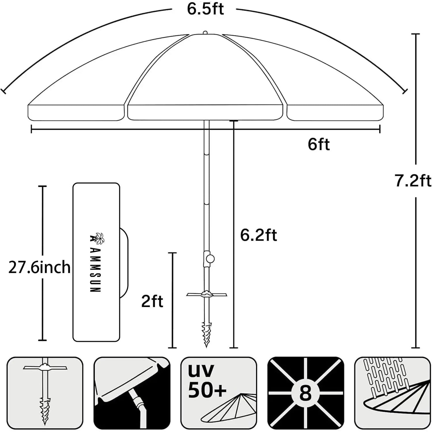 Portable Beach Umbrella With Sand Anchor Push Button Tilt UPF50