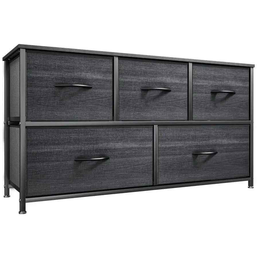 Five-Drawer Fabric Dresser With Wooden Top And Steel Frame