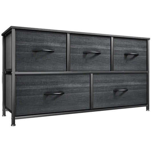 Five-Drawer Fabric Dresser With Wooden Top And Steel Frame