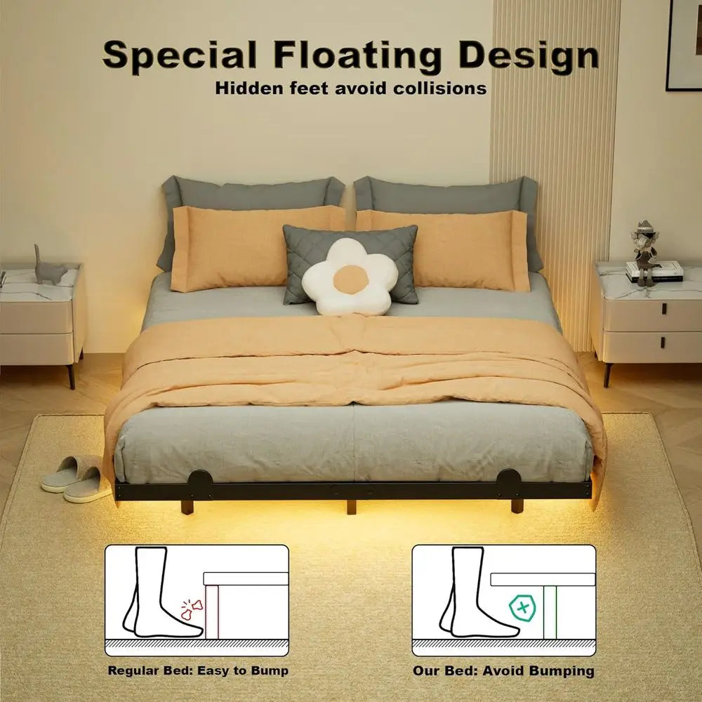 Modern LED Bed Frame With Floating Design And Charging Station