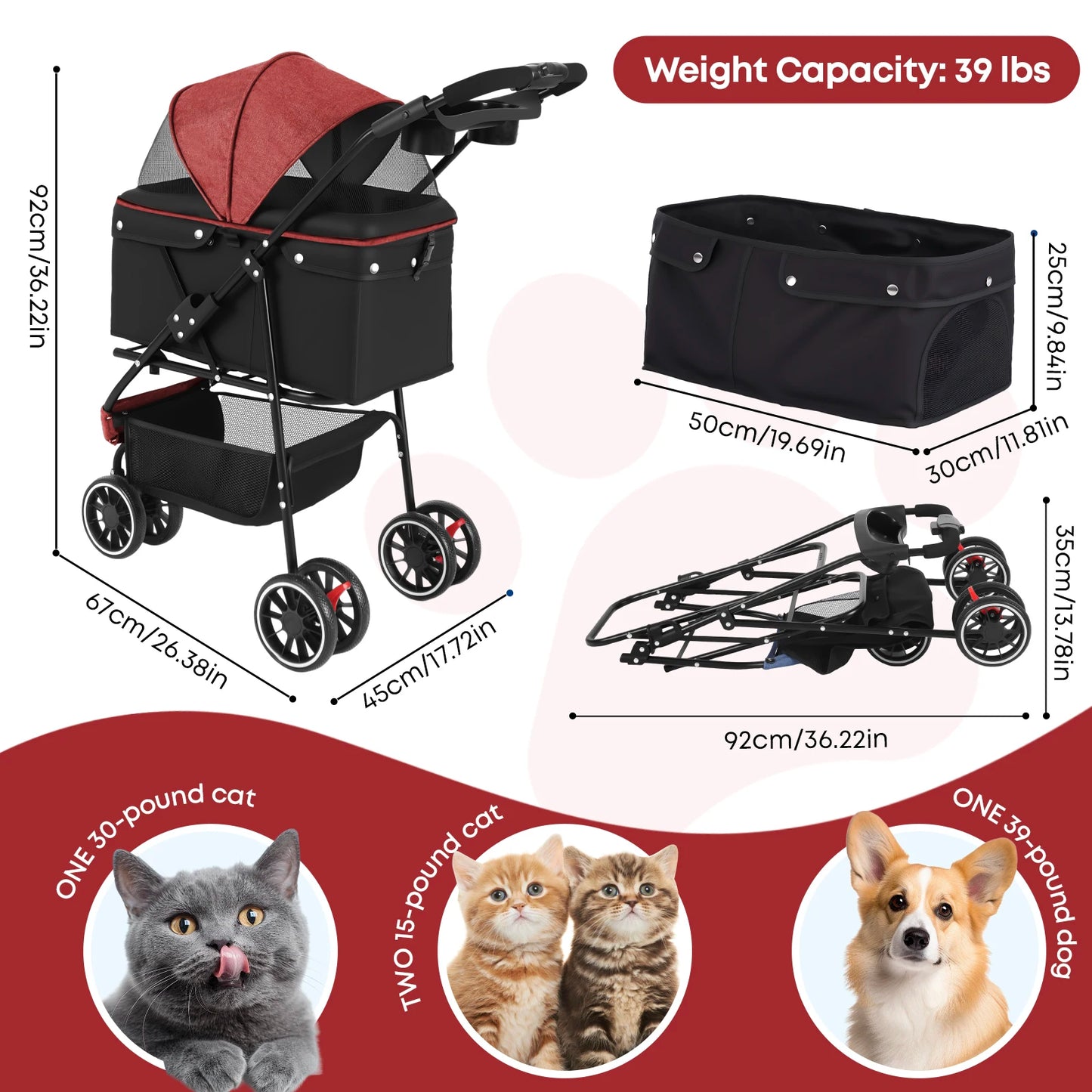 Chihuahua Pet Stroller 3 Wheel Foldable Carrier With Mesh Canopy