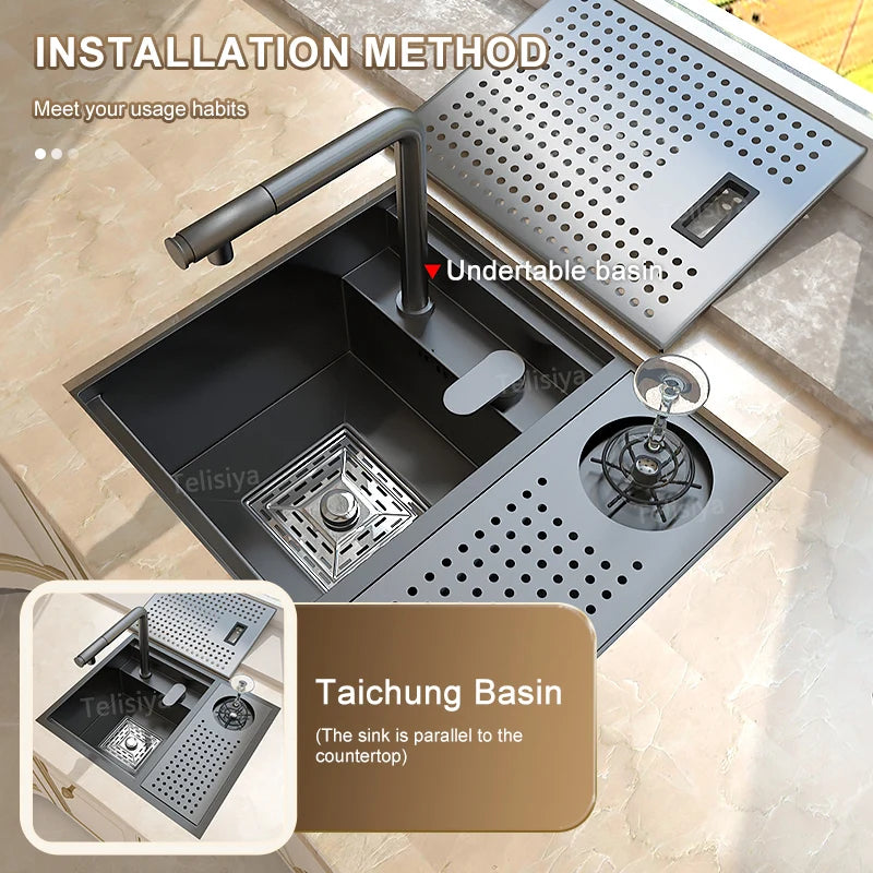 Telisiya Stainless Steel Hidden Kitchen Sink With Lid Space Saving
