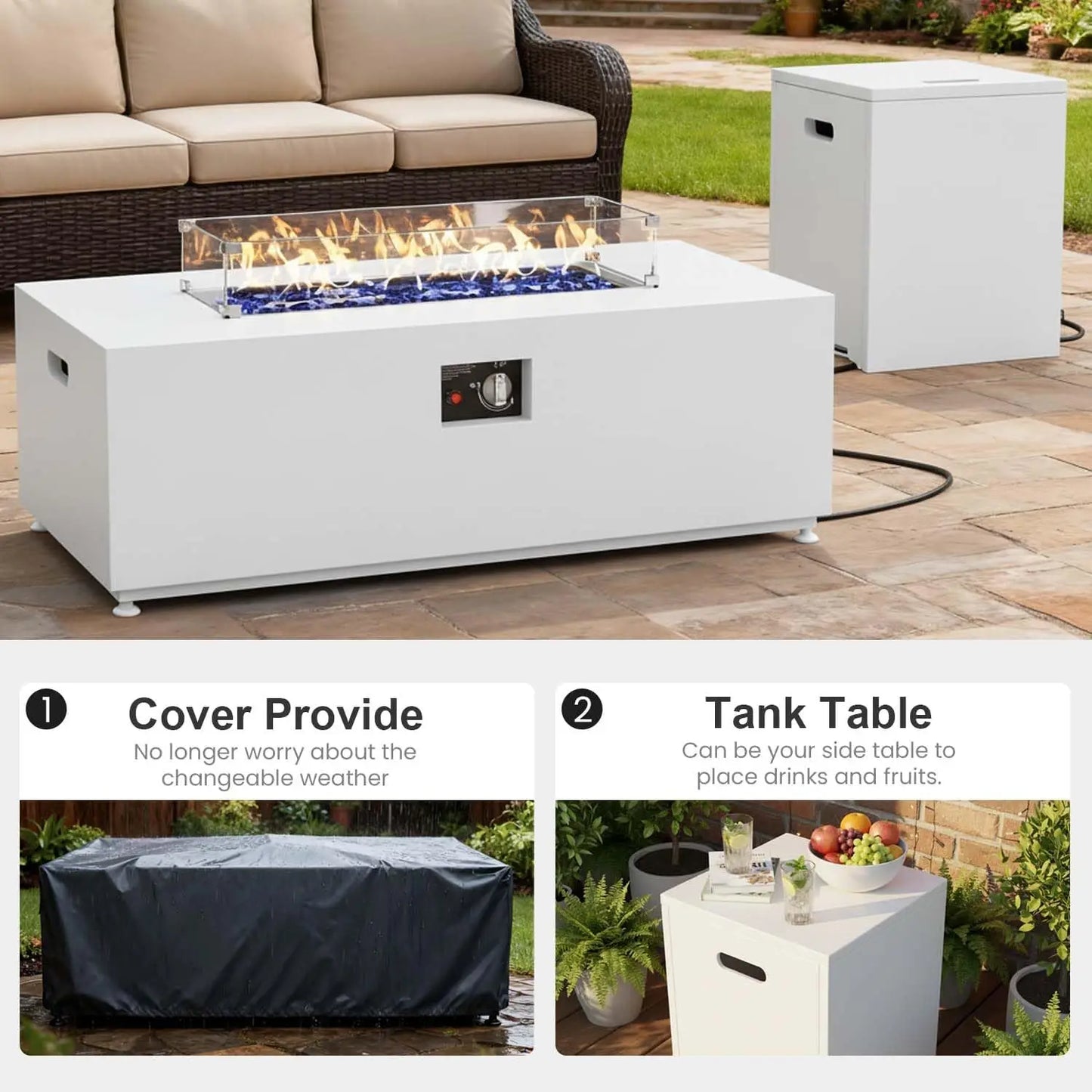 42" Propane Fire Pit Table Set with Tank Holder, Rectangle 2-Piece Outdoor Firepit Wind Guard, Lid, Glass Stones and Cover