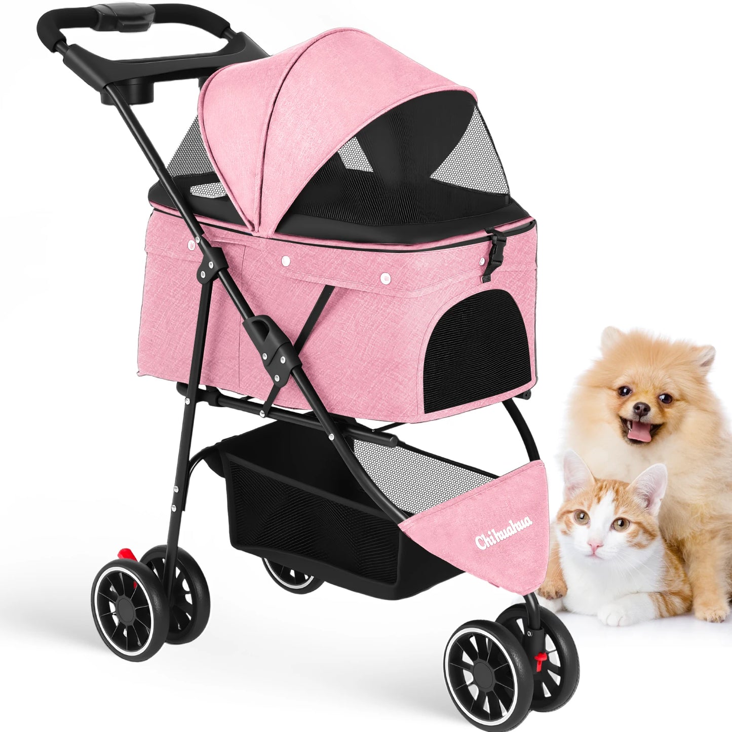 Chihuahua Pet Stroller 3 Wheel Foldable Carrier With Mesh Canopy