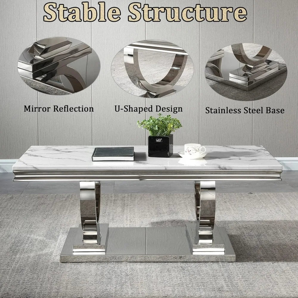 Modern Faux Marble Coffee Table With Silver Mirrored Finish