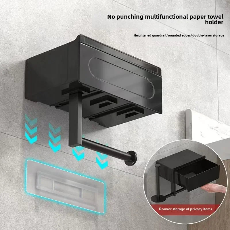 Wall Mounted Toilet Paper Holder With Shelf No Drill Bathroom Organizer