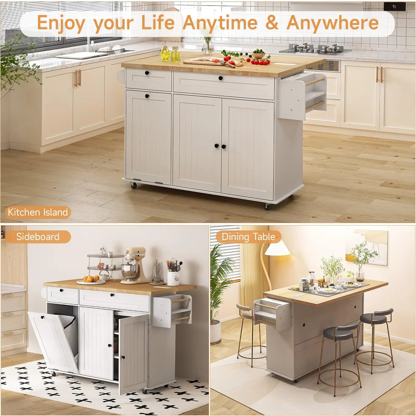 ONBRILL Mobile Kitchen Island Cart With Power Outlet And Storage