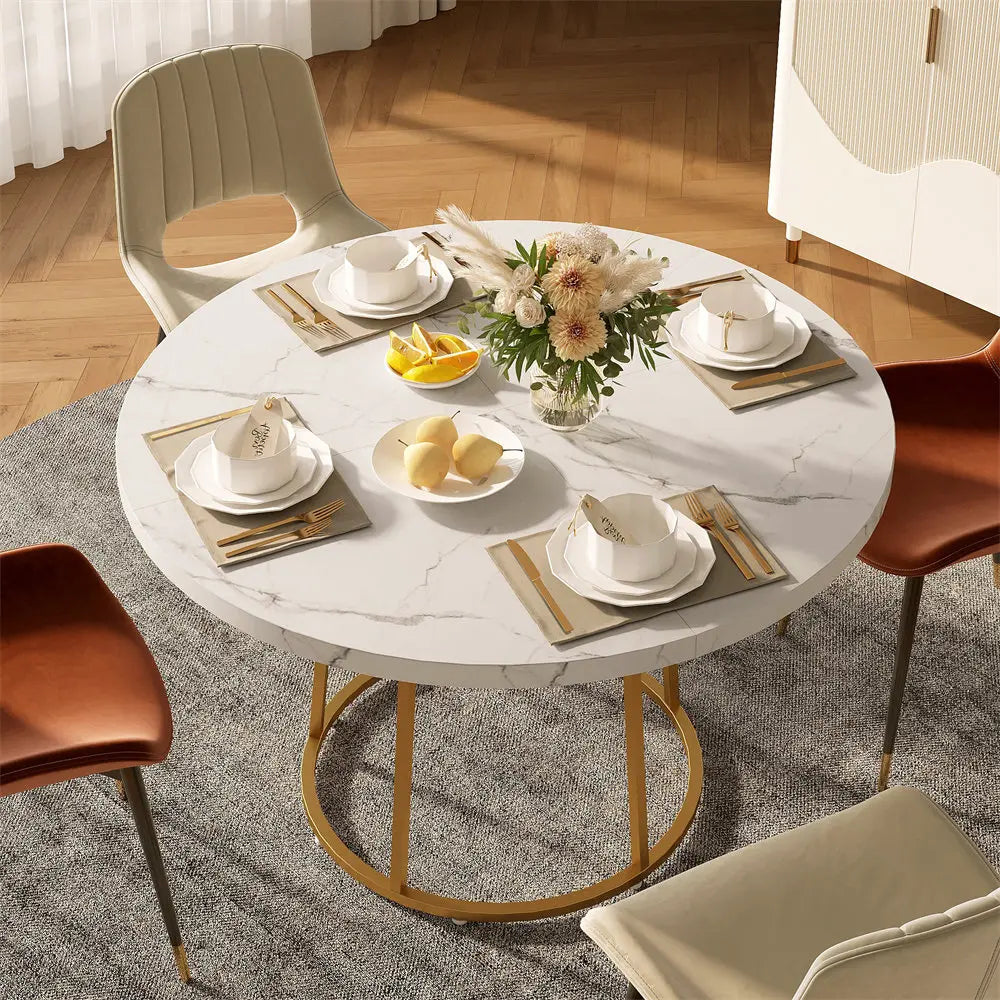 ONBRILL Round Dining Table for Four with Marble Pattern Base