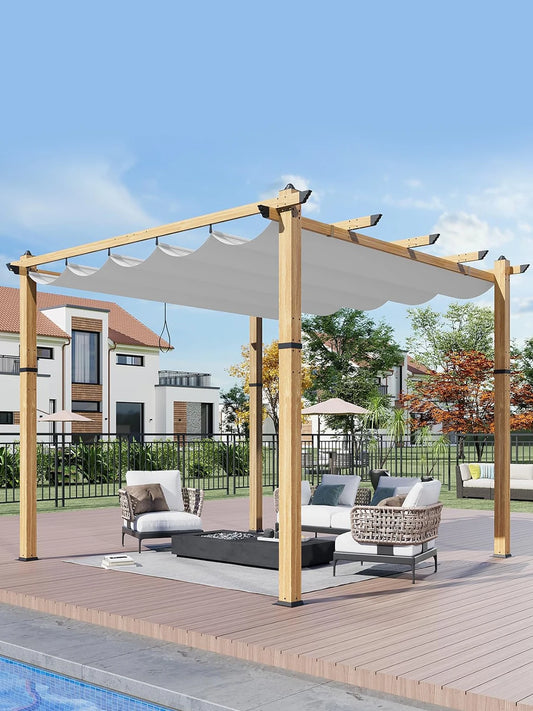HiMISS Outdoor Pergola With Retractable Canopy And Faux Wood