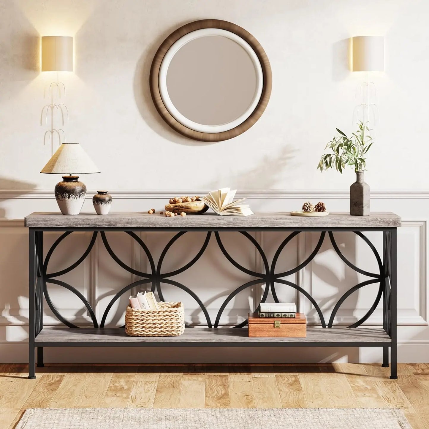 LITTLE TREE Industrial Sofa Table Console With Storage