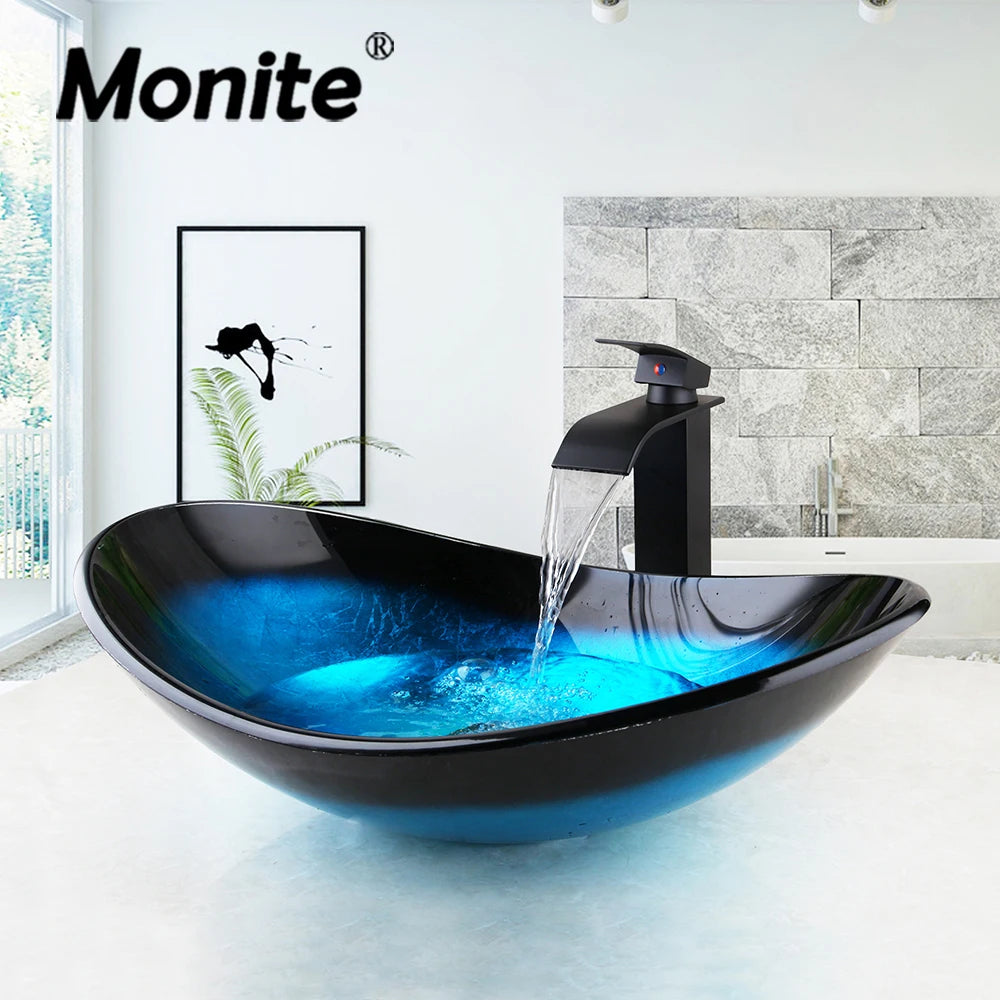 YANKSMART Tempered Glass Oval Sink Set With Pop Up Drain