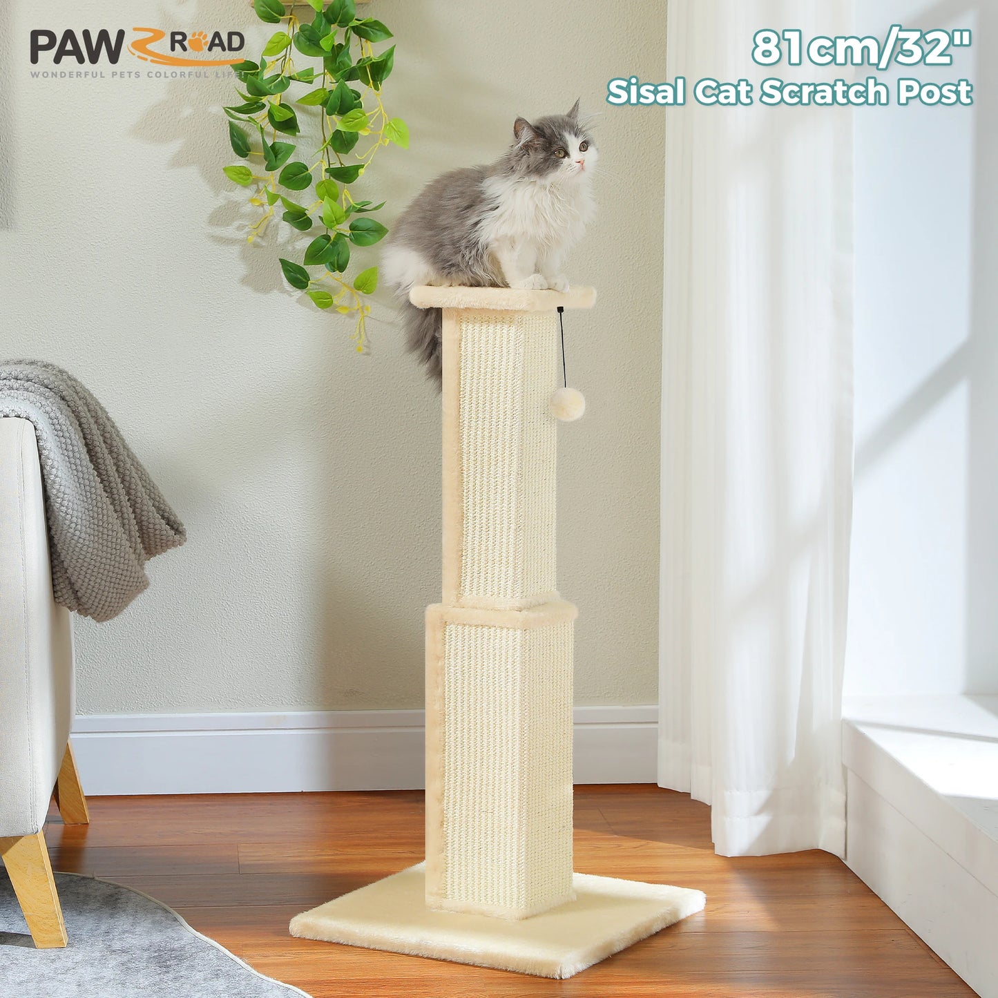 PAWZ Road Large Cat Scratching Post With Sisal Ball Toy For Indoor Cats