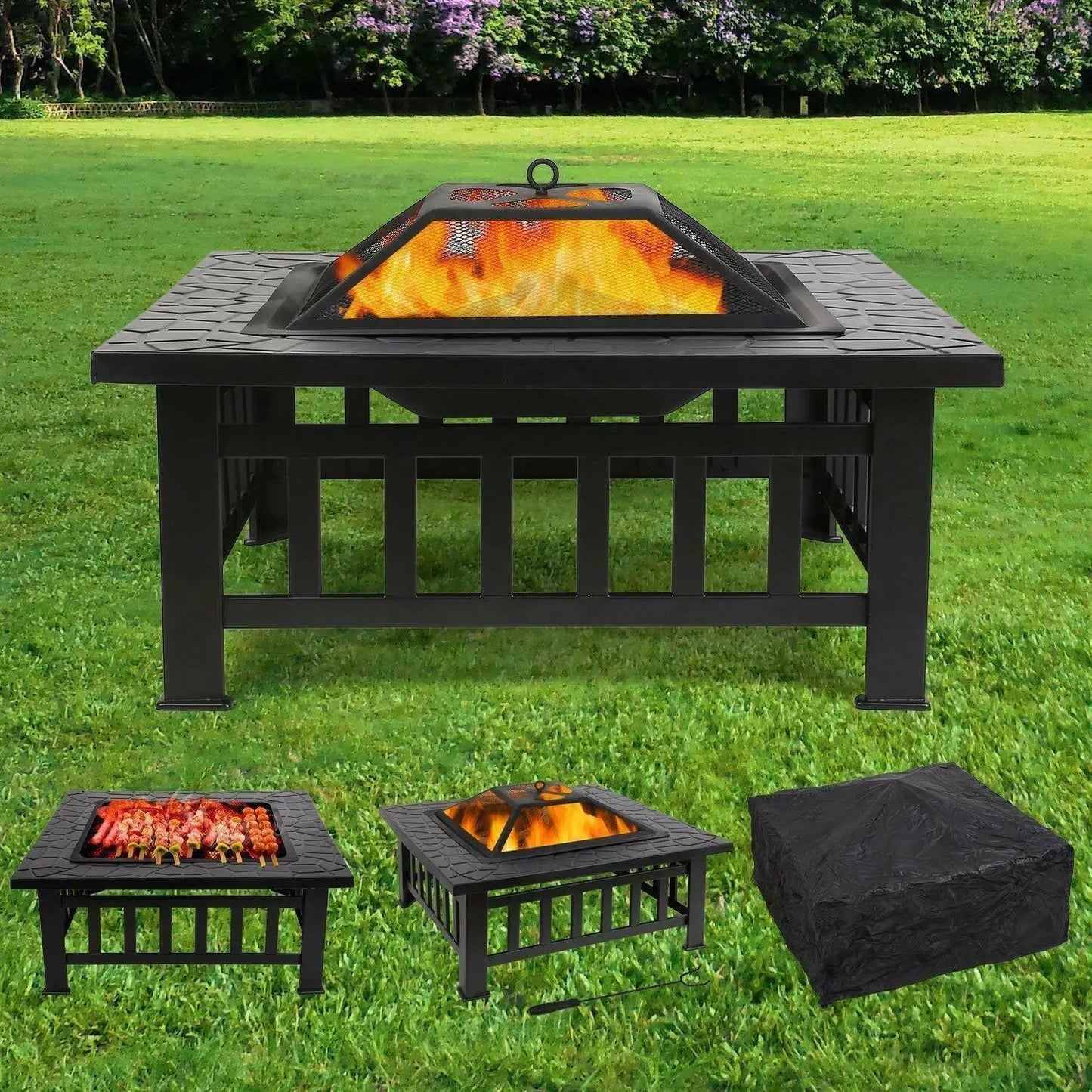 32'' Outdoor Fire Pit,Fireplaces,Wood Burning BBQ Table,Patio Garden Camping Stove with Stainless Steel Grill