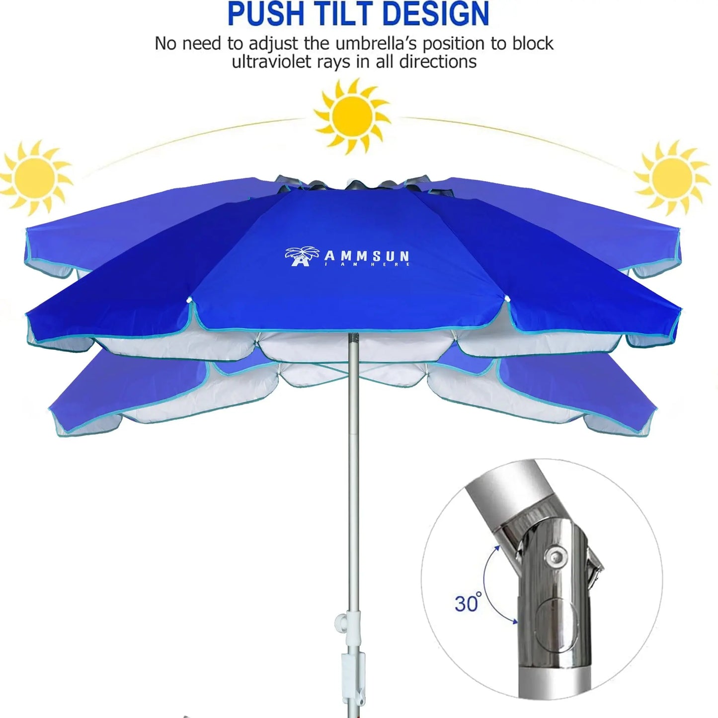 Portable Beach Umbrella With Sand Anchor Push Button Tilt UPF50