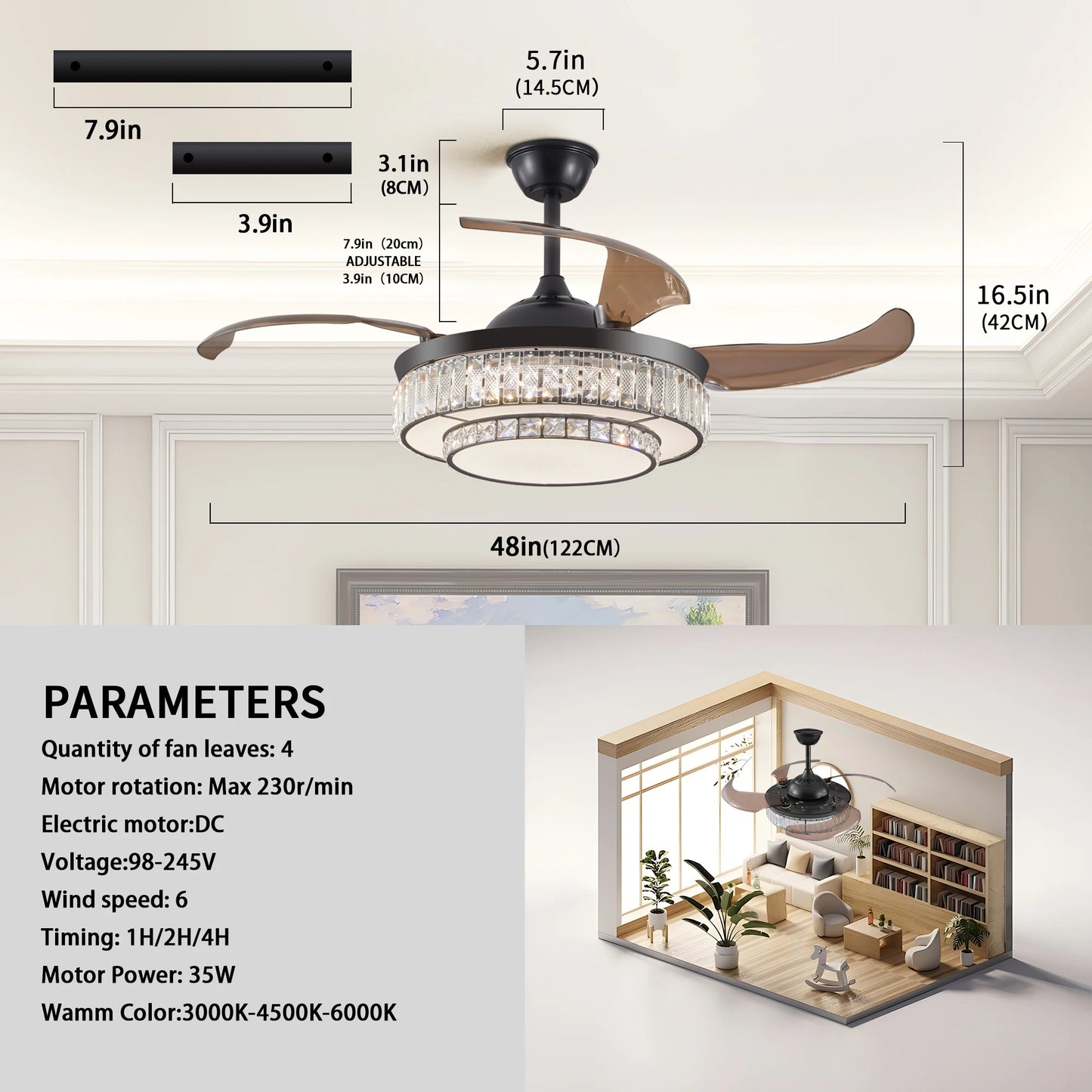 ARLGSITE Luxurious Crystal Ceiling Fan Light Remote Control