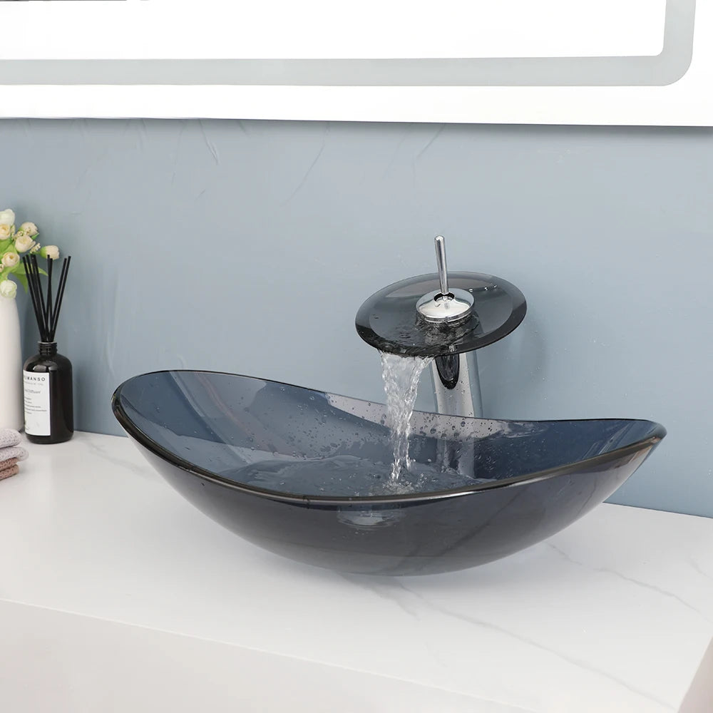 MEKKHALA Oval Tempered Glass Vessel Sink With Waterfall Faucet