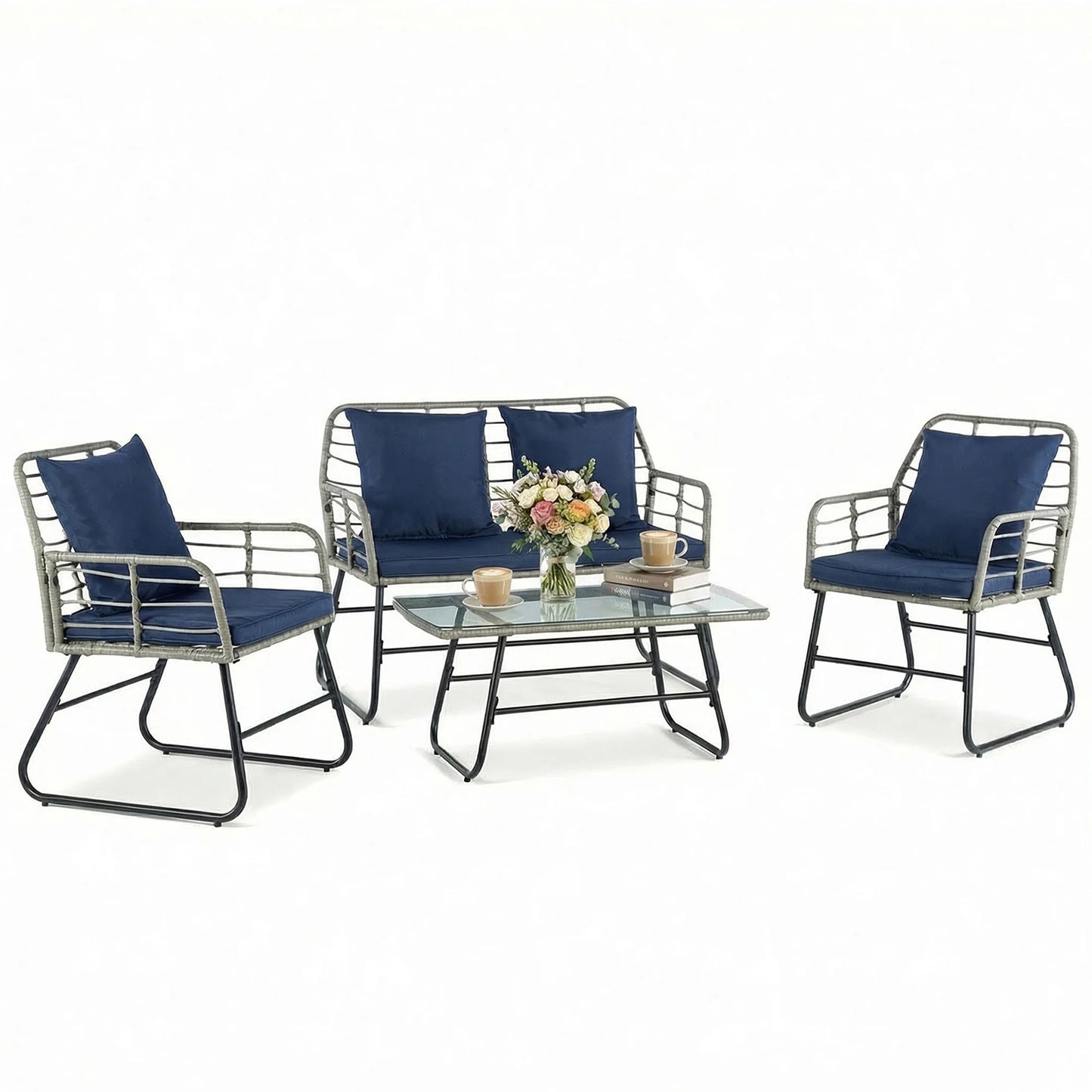 JHK Outdoor Wicker Patio Furniture Set Four Piece Glass Table