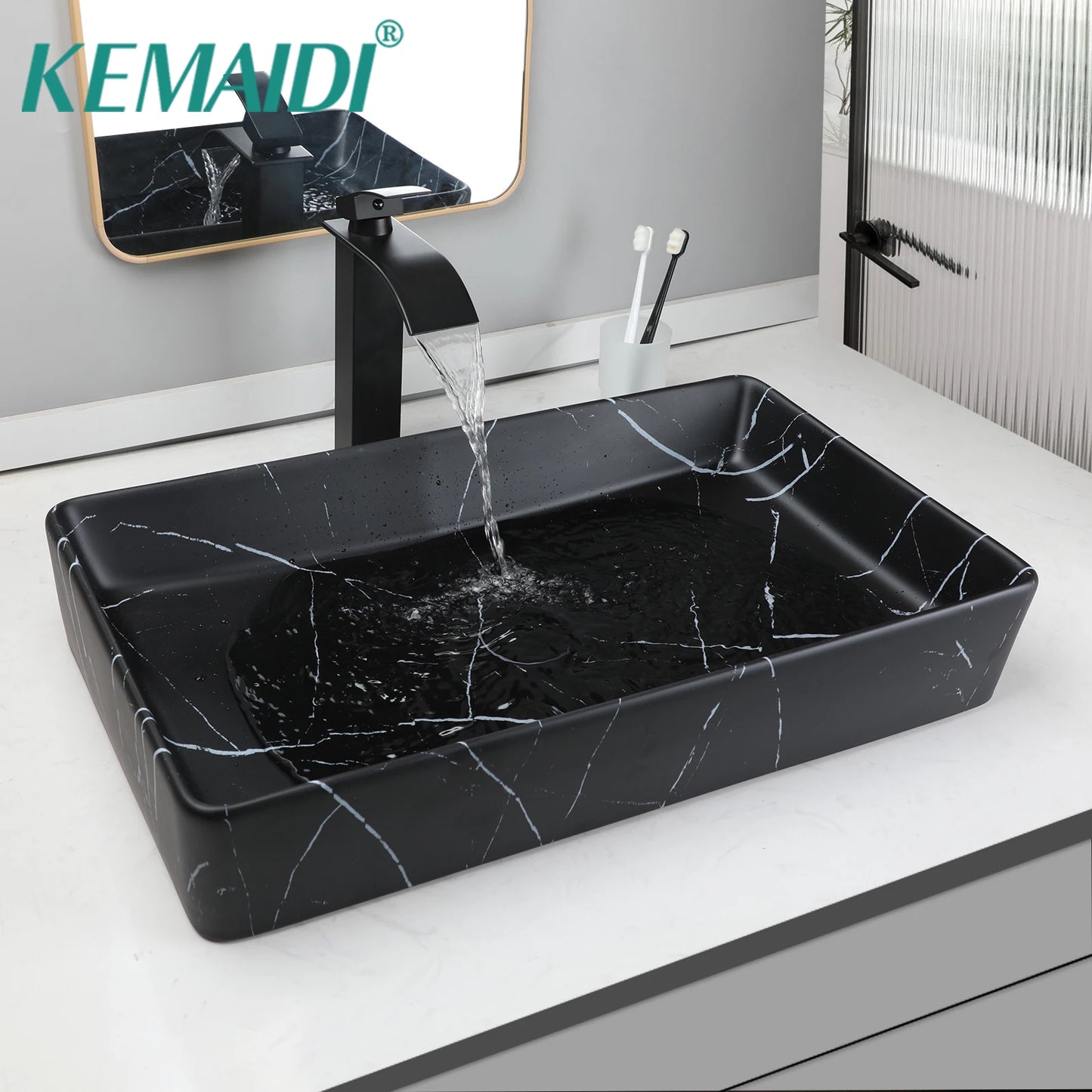 KEMAIDI Rectangular Marble Vanity Vessel Sink Above Counter Bathroom Faucet Set