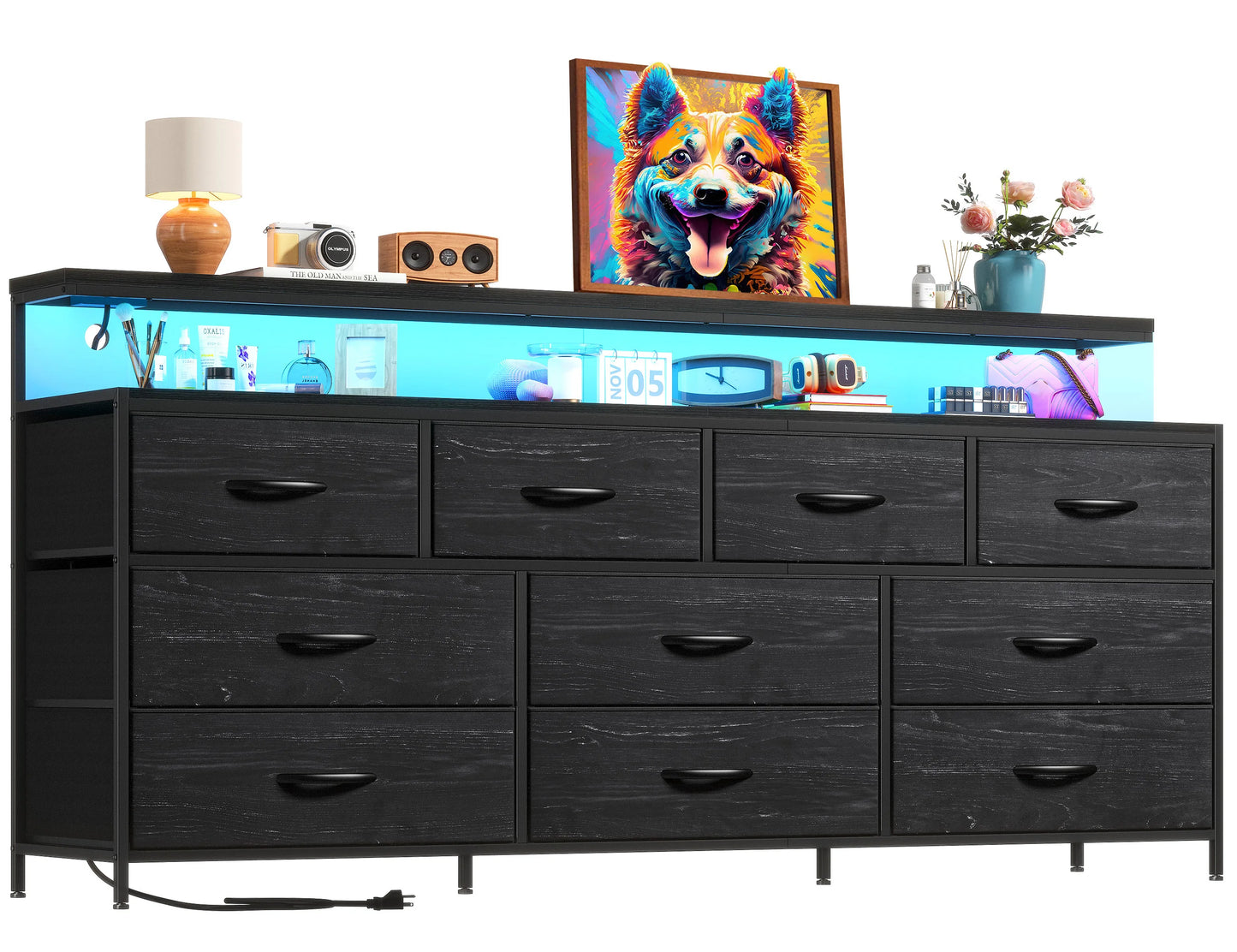 Smart Dresser With LED Lights, Power Outlets, Metal Frame, Fabric-Drawers