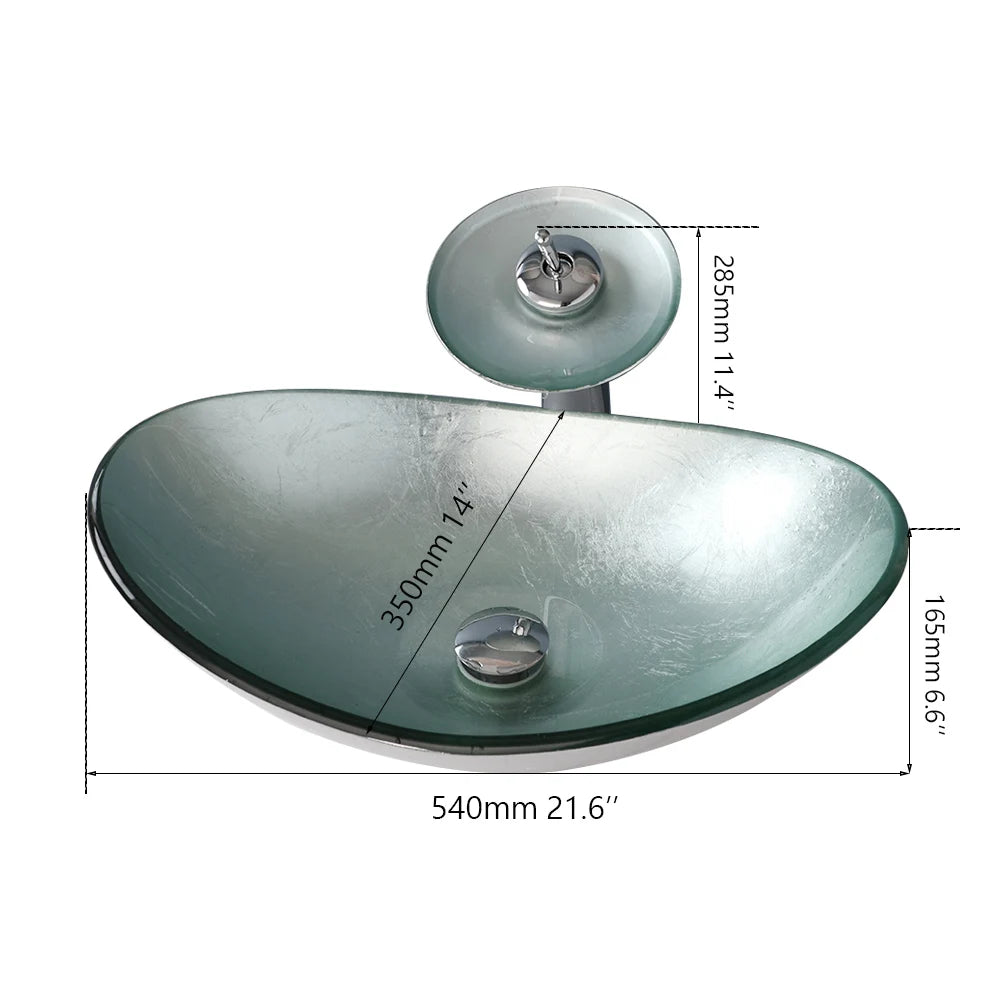 KEMAIDI Tempered Glass Bathroom Sink With Waterfall Faucet Countertop Basin