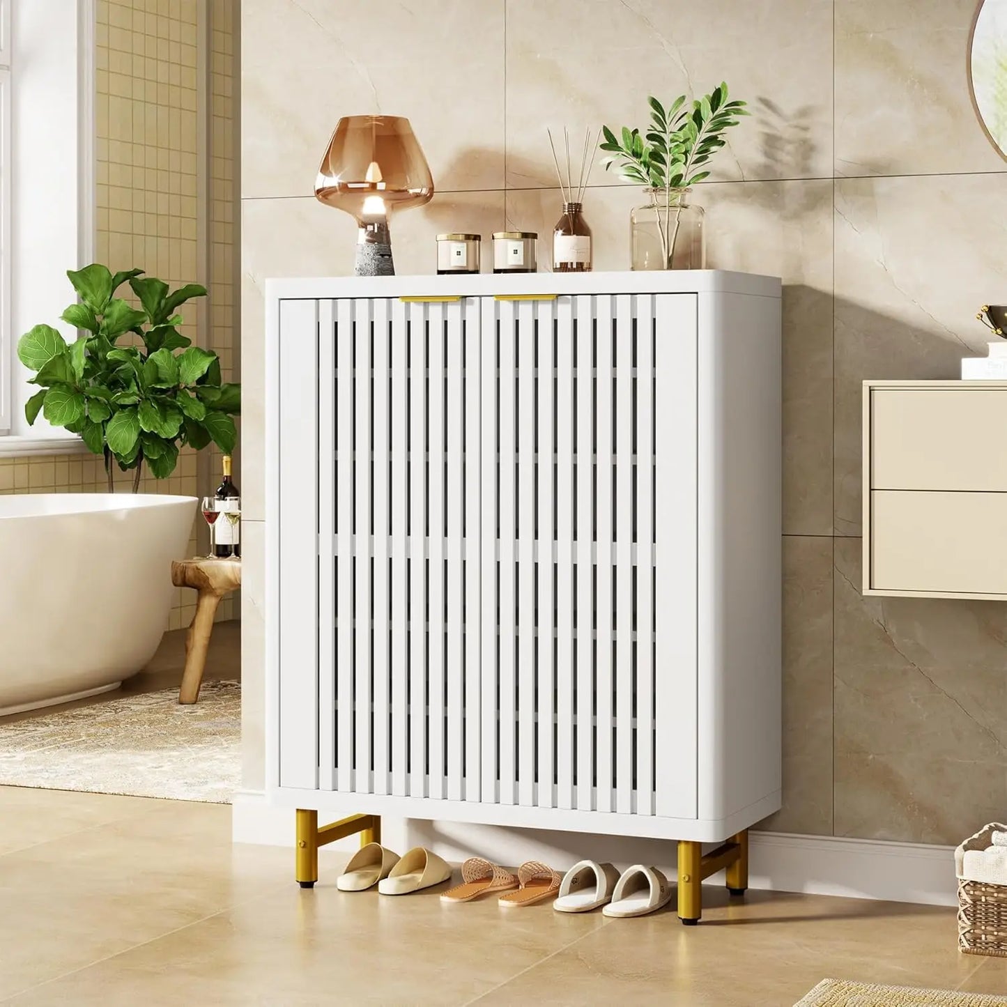 Six-Tier Wooden Bathroom Floor Cabinet With Louver Doors